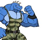  abs anthro belt biceps blue_body bottomwear camo camo_clothing camo_print claws clothing crocodilian crocodylid darknaigart donkey_kong_(series) hi_res krusha male muscular muscular_anthro muscular_male nintendo pants pattern_clothing pecs reptile scalie shirt solo spikes tank_top teeth topwear video_games wristband 