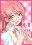  1girl absurdres bangs bespectacled birthday blush bunji commentary dated eyebrows_visible_through_hair glasses hair_ornament hairclip highres looking_at_viewer love_live! love_live!_nijigasaki_high_school_idol_club medium_hair nijigasaki_academy_uniform orange_hair pink-framed_eyewear pink_background semi-rimless_eyewear shiny shiny_hair side_bun signature smile solo uehara_ayumu under-rim_eyewear upper_body yellow_eyes 