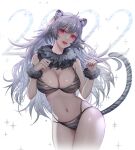  1girl 2022 absurdres animal_ear_fluff animal_ears bangs bikini breasts chinese_zodiac cleavage clenched_hands colored_tips commentary cowboy_shot english_commentary eyelashes fur_collar grey_bikini grey_hair grey_nails hands_up highres large_breasts lips long_hair looking_at_viewer multi-strapped_bikini multicolored_hair navel nengajou new_year oeun original parted_lips paw_pose red_eyes red_lips shiny shiny_skin skindentation sparkle swimsuit tail tiger_ears tiger_girl tiger_stripes tiger_tail very_long_hair white_background wrist_cuffs year_of_the_tiger 