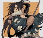  1boy amputee arm_blade bangs black_hair brown_eyes commentary covered_mouth dororo_(tezuka) florbetriz highres hyakkimaru_(dororo) long_hair male_focus nose outside_border ponytail prosthesis prosthetic_arm solo swept_bangs upper_body weapon yellow_background 