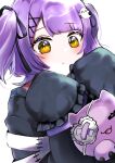  akai_beniko bangs black_sweater blush brown_eyes eyebrows_visible_through_hair eyepatch ghost_hair_ornament highres holding holding_stuffed_toy looking_down portrait pout purple_hair shinomiya_runa short_hair sleeves_past_fingers sleeves_past_wrists stuffed_toy sweater two_side_up virtual_youtuber vspo! white_background 