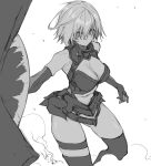  10mo 1girl armor armored_dress bangs bare_shoulders breasts dress elbow_gloves fate/grand_order fate_(series) gloves greyscale hair_over_one_eye highres large_breasts looking_at_viewer mash_kyrielight monochrome shield short_dress short_hair thigh_strap thighhighs thighs 
