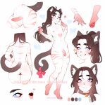  2020 anthro balls blue_eyes blush brown_hair butt fangs felid frenky_hw fur genitals girly hair hi_res long_hair male mammal model_sheet multicolored_body multicolored_fur penis solo teeth white_body white_fur 