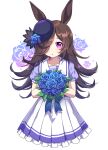  1girl :o absurdres animal_ears bangs black_bow black_hair black_headwear blue_flower blue_rose blush bouquet bow caramell0501 collarbone eyelashes flower frilled_skirt frills hair_over_one_eye hat hat_flower highres holding holding_bouquet horse_ears horse_girl leaf long_hair mini_hat open_mouth pleated_skirt puffy_short_sleeves puffy_sleeves purple_eyes purple_pupils rice_shower_(umamusume) rose school_uniform shiny shiny_hair short_sleeves simple_background skirt solo split_mouth tracen_school_uniform umamusume white_background 