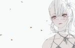  1girl bandages braid closed_mouth collarbone d.k eyeliner flower hair_flower hair_ornament kaine_(nier) looking_at_viewer makeup nier nier_(series) short_hair_with_long_locks silver_hair simple_background solo white_background yellow_eyes 
