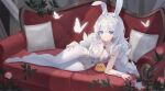  +_+ 1girl absurdres ahoge animal_ears arm_support azur_lane blue_eyes braid butterfly_hair_ornament choker closed_mouth couch expressionless fake_animal_ears flower hair_ornament hair_ribbon hairband hand_on_hip highres le_malin_(azur_lane) le_malin_(listless_lapin)_(azur_lane) leotard long_hair looking_at_viewer lounging low_twin_braids manjuu_(azur_lane) no_shoes o-ring o-ring_choker on_couch playboy_bunny prock rabbit_ears ribbon rose silver_hair solo twin_braids very_long_hair white_legwear white_leotard white_ribbon wrist_cuffs 