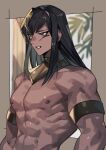  &gt;:) 1boy abs alternate_pectoral_size armlet azaya_(kuroi_azaya) bara biceps black_hair blurry blurry_background dark-skinned_male dark_skin gold large_pectorals long_hair mahado male_focus muscular muscular_male nude parted_lips pectorals plant sidelocks solo tsurime upper_body v-shaped_eyebrows yu-gi-oh! yu-gi-oh!_duel_monsters 