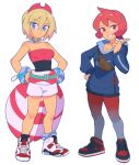  2girls air_jordan air_jordan_1 air_jordan_6 arezu_(pokemon) bare_shoulders blonde_hair blue_bracelet blue_hoodie bracelet breasts cleavage english_commentary eyebrows_visible_through_hair fanny_pack hands_on_hips hood hoodie irida_(pokemon) jewelry medium_breasts multiple_girls nike pantyhose pointing pokemon pokemon_(game) pokemon_legends:_arceus red_hair red_legwear shoes short_hair shorts slammo smile sneakers strapless tube_top white_shorts 