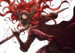  armor artist_name blood cape dated elden_ring english_commentary facing_viewer helmet holding holding_weapon long_hair malenia red_hair shinbross simple_background weapon web_address white_background winged_helmet 