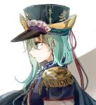  1girl adapted_costume asymmetrical_hair balance_scale bangs black_headwear closed_mouth epaulettes from_side green_eyes green_hair hat highres medium_hair nanataru10 peaked_cap shiki_eiki touhou upper_body weighing_scale 