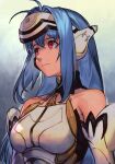  1girl android bangs bare_shoulders black_choker blue_hair breasts choker closed_mouth elbow_gloves expressionless forehead_protector gloves hungry_clicker kos-mos long_hair medium_breasts red_eyes simple_background solo xenosaga 