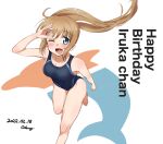  1girl barefoot black_swimsuit blonde_hair blue_eyes collarbone commentary_request competition_swimsuit dolphin feet_out_of_frame happy_birthday highres long_hair love_live! love_live!_school_idol_festival odango- one-piece_swimsuit ponytail pun smile solo suda_iruka swimsuit white_background 