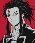  1boy absurdres closed_mouth commentary dororo_(tezuka) face florbetriz highres looking_at_viewer male_focus portrait red_background scar scar_across_eye serious sidelocks simple_background solo spiked_hair spoilers spot_color tahoumaru third_eye tsurime v-shaped_eyebrows 