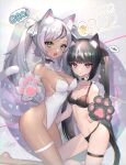  2022 2girls :d :o absurdres animal_ear_fluff animal_ears animal_hands bare_shoulders bikini black_bikini black_gloves black_hair blush breasts cat_day cat_ears cat_girl cat_tail cleavage commentary_request covered_navel dark-skinned_female dark_skin gao gloves green_eyes grey_gloves highres hitowa kneeling leotard long_hair looking_at_viewer medium_breasts multicolored_hair multiple_girls original parted_lips paw_gloves purple_eyes silver_hair small_breasts smile strapless strapless_leotard streaked_hair swimsuit tail translation_request twintails very_long_hair white_hair white_leotard 