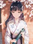  1girl black_hair blush cherry_blossoms commentary_request diploma eyebrows_visible_through_hair floral_print green_eyes hair_ornament hime_cut hiten_(hitenkei) holding japanese_clothes kimono long_hair looking_to_the_side obi open_mouth original sash wall wavy_hair yukata 