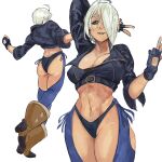  2girls absurdres angel_(kof) blue_eyes boots bra breasts chaps cowboy_boots cropped_jacket fidus_00111111 fingerless_gloves gloves hair_over_one_eye highres jacket large_breasts leather leather_jacket multiple_girls snk strapless strapless_bra the_king_of_fighters the_king_of_fighters_2001 the_king_of_fighters_xiv the_king_of_fighters_xv toned underwear white_background white_hair 