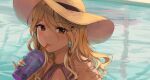  1girl bangs bikini blonde_hair blue_nails blush braid brown_eyes bubble_tea character_request collarbone commentary copyright_request drinking_straw_in_mouth earrings gijang hair_between_eyes half_updo hat idolmaster jewelry looking_at_viewer medium_hair neck_ring pool portrait reflection reflective_water straw sun_hat swimsuit water 