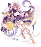  1girl ark_order asymmetrical_legwear bangs black_dress blue_flower blue_rose breasts detached_sleeves dress feathered_wings flower full_body head_wings hermes_(ark_order) holding holding_scepter large_breasts leg_ribbon long_hair long_sleeves looking_at_viewer obiwan official_art pink_hair puffy_long_sleeves puffy_sleeves ribbon rose sandals scepter smile solo tachi-e thigh_strap transparent_background two_side_up very_long_hair white_wings wings 