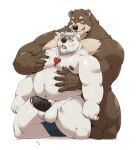  2022 absurd_res anthro balls belly black_nose brown_body duo embrace erection eyewear genitals glasses grope_from_behind hi_res hug hugging_from_behind humanoid_genitalia humanoid_hands humanoid_penis jumperbear kemono male male/male mammal moobs navel nipples overweight overweight_male penis polar_bear ursid ursine white_body 