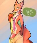  2022 anthro artist_name big_penis canid canine clothing dialogue digital_media_(artwork) disney english_text fox fur genitals gradient_background green_eyes hi_res huge_penis light lighting looking_at_viewer male mammal necktie nick_wilde orange_body orange_fur penis red_fox shaded shirt simple_background solo speech_bubble text topwear url zhanbow zootopia 