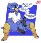  &lt;3 4_toes anthro avian ball_fondling balls barefoot05 beak berdly bird bird_feet blue_balls blue_body blue_feathers blue_penis bodily_fluids bottomless chest_tuft clothed clothing cum cum_drip cum_on_penis cumshot deltarune dialogue disembodied_hand dripping ejaculation english_text erection eyewear feather_tuft feathers feet fingers fondling genital_fluids genitals glans glasses half-closed_eyes handjob hi_res holding_balls holding_penis looking_pleasured male narrowed_eyes offscreen_character orgasm penile penis praise sex shirt simple_background sitting smile solo_focus spread_legs spreading sweat sweatdrop talons text thick_thighs toes topwear tuft unbuttoned_shirt undertale_(series) video_games yellow_beak 