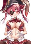  1girl absurdres bangs blush breasts chierishu eyepatch gloves grin hat highres hololive houshou_marine large_breasts navel pink_hair pirate_hat red_eyes skirt smile solo stomach underboob virtual_youtuber 