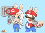  1boy 1girl blue_eyes charisuke crossover facial_hair genderswap gloves hammer hat highres humanization kemono_friends mario_(series) mario_+_rabbids_kingdom_battle mustache overalls parody personification rabbid rabbid_mario raving_rabbids weapon 