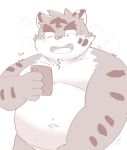  2022 absurd_res anthro belly biped blush cellphone cute_fangs felid hi_res humanoid_hands kemono male mammal navel overweight overweight_male pantherine phone simple_background smartphone solo swear tiger zuboboz 