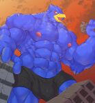  2022 absurd_res anthro avian bird black_bottomwear black_clothing black_underwear blue_body bottomwear boxer_briefs bulge city clothing destruction falco_lombardi hi_res macro male muscular muscular_anthro muscular_male nintendo open_mouth rampage star_fox underwear video_games zheng_(artist) 