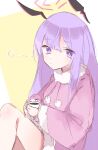  1girl absurdly_long_hair alternate_costume bangs blue_archive coffee_cup coffee_mug cup disposable_cup halo headgear k0npeit0 long_hair long_sleeves mug purple_eyes purple_hair solo utaha_(blue_archive) very_long_hair winter_clothes yellow_background 