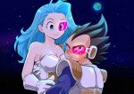  1boy 1girl black_hair blue_eyes blue_hair bulma dragon_ball dress earth_(planet) kara_foo medium_hair muscular planet short_hair sleeveless sleeveless_dress smile space vegeta 