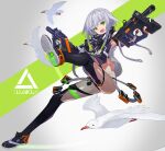  1girl :d bird commentary_request dual_wielding eyebrows_visible_through_hair finger_on_trigger green_eyes grey_hair gun hide448 highres holding holding_gun holding_weapon looking_at_viewer original science_fiction seagull shoes short_hair_with_long_locks smile sneakers solo submachine_gun thighhighs weapon 