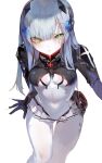  1-gou_(111touban) 1girl blue_hair bodysuit breasts covered_navel cross_hair_ornament expressionless girls&#039;_frontline green_eyes hair_between_eyes hair_ornament hair_over_eyes highres hk416_(girls&#039;_frontline) long_hair looking_at_viewer small_breasts solo thigh_gap white_background white_bodysuit 