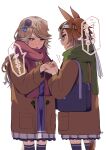  2girls absurdres animal_ears artist_name bag bamboo_memory_(umamusume) blonde_hair blush brown_coat brown_hair coat ears_down gold_city_(umamusume) headband highres holding_hands horse_ears horse_girl horse_tail long_hair long_sleeves looking_to_the_side motion_lines multiple_girls open_clothes open_coat purple_legwear purple_shirt purple_skirt scarf school_bag school_uniform shirt short_hair simple_background skirt speech_bubble standing tail talking thighhighs tracen_school_uniform translation_request umamusume v-shaped_eyebrows white_background zhu_(nitamagr) 
