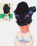  1girl absurdres artist_name ass black_hair butt_crack clothes_lift commentary cowboy_shot from_behind gabriela_gogonea green_panties highres indoors kill_la_kill matoi_ryuuko medium_hair meme multicolored_hair no_pants panties red_hair ryuko_redraw_(meme) school_uniform serafuku shiny shiny_hair shiny_skin simple_background skindentation streaked_hair striped striped_panties thighs underwear undressing web_address white_background white_panties 