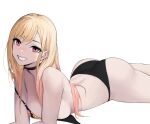  1girl bikini blonde_hair colored_tips ear_piercing grin highres industrial_piercing kitagawa_marin knatb long_hair looking_at_viewer lying multicolored_hair on_stomach piercing simple_background smile solo sono_bisque_doll_wa_koi_wo_suru swimsuit white_background 