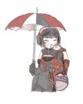  1boy 1girl ^_^ adapted_costume apex_legends black_hair breasts chibi closed_eyes crypto_(apex_legends) deadly_byte_crypto elbow_gloves eyeshadow fangs gloves grey_gloves headphones holding holding_umbrella makeup miniboy na_(ajinori_oisiina) on_shoulder plump race_queen red_eyeshadow short_hair sketch small_breasts solo_focus thighhighs umbrella vampire wattson_(apex_legends) winged_menace_wattson 