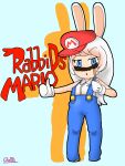  1girl absurdres blue_eyes charisuke crossover facial_hair genderswap gloves hat highres humanization kemono_friends mario_(series) mario_+_rabbids_kingdom_battle mustache overalls parody personification rabbid_mario raving_rabbids solo 