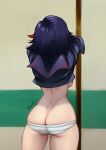  1girl artist_name ass backboob bawdy_art black_hair blue_panties breasts butt_crack clothes_lift commentary cowboy_shot from_behind highres kill_la_kill matoi_ryuuko medium_breasts medium_hair meme multicolored_hair no_pants panties red_hair ryuko_redraw_(meme) school_uniform serafuku shiny shiny_skin skindentation solo streaked_hair striped striped_panties thighs underwear undressing white_panties 