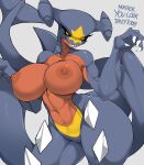  2022 4_fingers absurd_res anthro areola ashraely bedroom_eyes big_breasts black_sclera blue_body breasts claws curvy_figure dialogue digital_media_(artwork) english_text eyelashes female fingers front_view garchomp genitals hi_res huge_breasts looking_at_viewer multicolored_body narrowed_eyes navel nintendo nipples nude pok&eacute;mon pok&eacute;mon_(species) pose pussy red_body red_nipples seductive sharp_teeth simple_background smile solo standing talking_to_viewer teeth text thick_thighs video_games voluptuous wide_hips yellow_body yellow_eyes 