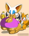  anthro big_breasts bodily_fluids breasts canid canine chiropteran cleavage clothed clothing conditional_dnp digitaldomain123 female fox hi_res huge_breasts hyper hyper_breasts looking_back male male/female mammal miles_prower rouge_the_bat sega sonic_the_hedgehog_(series) sweat tenting 