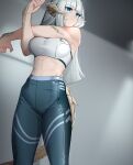  1girl abs armpits au_ra bangs blunt_bangs breasts commission dragon_horns dragon_tail final_fantasy final_fantasy_xiv green_eyes grey_background highres horns large_breasts leggings long_hair original scales skeb_commission sports_bra stretch tail thighs warashi white_hair 