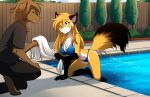  anthro bikini bottomwear canid canine canis clothing conditional_dnp crossgender domestic_dog duo evals female fox hi_res keidran male mammal mike_(twokinds) one_eye_closed pants shirt swimming_pool swimwear tom_fischbach topwear towel twokinds webcomic 