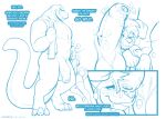 2022 3_toes anthro anthro_on_anthro balls blue_text blush bottomwear canid canine canis claws clothed clothing dialogue digital_media_(artwork) dinosaur domestic_dog duo english_text erection eyes_closed feet finger_claws foreskin fur genitals hoodie larger_male looking_at_genitalia looking_at_penis looking_down male mammal nude penis redrusker reptile scales scalie sea_salt shorts size_difference standing text theropod toe_claws toes topwear towel_on_shoulder tyrannosaurid tyrannosaurus tyrannosaurus_rex vein veiny_penis white_text 