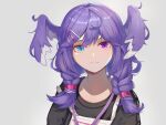  1girl bangs blue_eyes blush braid english_commentary eyebrows_visible_through_hair fang fangs fangs_out grey_background hair_ornament hairclip head_wings heterochromia jiang_shennong lanyard looking_at_viewer medium_hair nijisanji nijisanji_en portrait purple_eyes purple_hair selen_tatsuki skin_fang smile solo twin_braids virtual_youtuber 