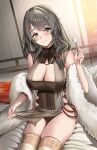  1girl absurdres azur_lane bangs bed bedroom black_dress blush bow breasts bukowiski charybdis_(azur_lane) charybdis_(red_chamber_of_healing)_(azur_lane) cleavage closed_mouth covered_navel dress earrings eyebrows_visible_through_hair feather_boa feet_out_of_frame fur green_hair grey_eyes hair_bow highres holding jewelry large_breasts lips long_hair looking_at_viewer mimikaki nail_polish official_alternate_costume on_bed orange_nails simple_background sitting sitting_on_bed smile solo thighhighs white_legwear 