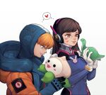  2girls apex_legends artist_name blonde_hair blue_bodysuit blue_eyes blue_headwear bodysuit breasts brown_eyes brown_hair crossover d.va_(overwatch) heart holding holding_stuffed_toy hood hooded_jacket jacket medium_breasts multiple_girls namjak nessie_(respawn) orange_jacket overwatch parted_lips pilot_suit ribbed_bodysuit smile stuffed_toy thought_bubble wattson_(apex_legends) white_background 