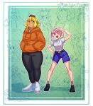  2girls absurdres ahoge barley_juice black_pants blonde_hair blue_shorts charlie_(smiling_friends) genderswap hands_in_pockets highres hood hoodie humanization multiple_girls one_eye_closed orange_hoodie pants pim_(smiling_friends) pink_hair plump shirt shorts smiling_friends twintails white_shirt 