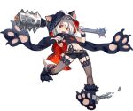  1girl animal_ears animal_hood ark_order bangs belt black_cape black_footwear black_scarf black_shirt black_shorts cape cerberus_(ark_order) chain club_(weapon) cuffs dog_ears fake_animal_ears full_body fur-trimmed_footwear garter_straps hades_(ark_order) holding holding_weapon hood hood_up hooded_cape k_suke_(weibo) looking_at_viewer official_art paw_shoes pawpads red_eyes scarf shackles shirt shoes short_hair shorts skull solo spiked_belt stomach_tattoo tachi-e tattoo thighhighs transparent_background weapon white_hair wrist_cuffs 