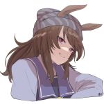  1girl animal_ears artist_name beanie bright_pupils brown_hair cropped_torso ears_through_headwear grey_hat grin hat highres horse_ears long_hair long_sleeves looking_at_viewer nakayama_festa_(umamusume) open_mouth purple_shirt red_eyes sailor_collar school_uniform shirt simple_background slit_pupils smile solo teeth tracen_school_uniform umamusume upper_body white_background white_pupils zhu_(nitamagr) 
